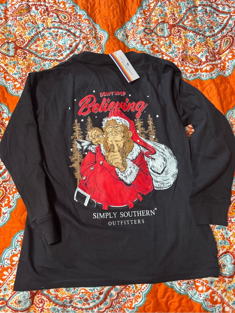 2/$25 Simply Southern Kids Black Long Sleeve Shirt with Red Santa Graphic